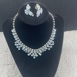 Elegant Vintage Silver and light Blue Crystal Necklace and Earring Set